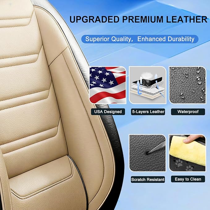 Fit Prologue Car Seat Covers for Select Honda Prologue 2024-2026 - Premium Full Coverage Leather, Airbag Compatible, Waterproof & All Weather Seat Cushion Protector, Front Pair Black+Beige
