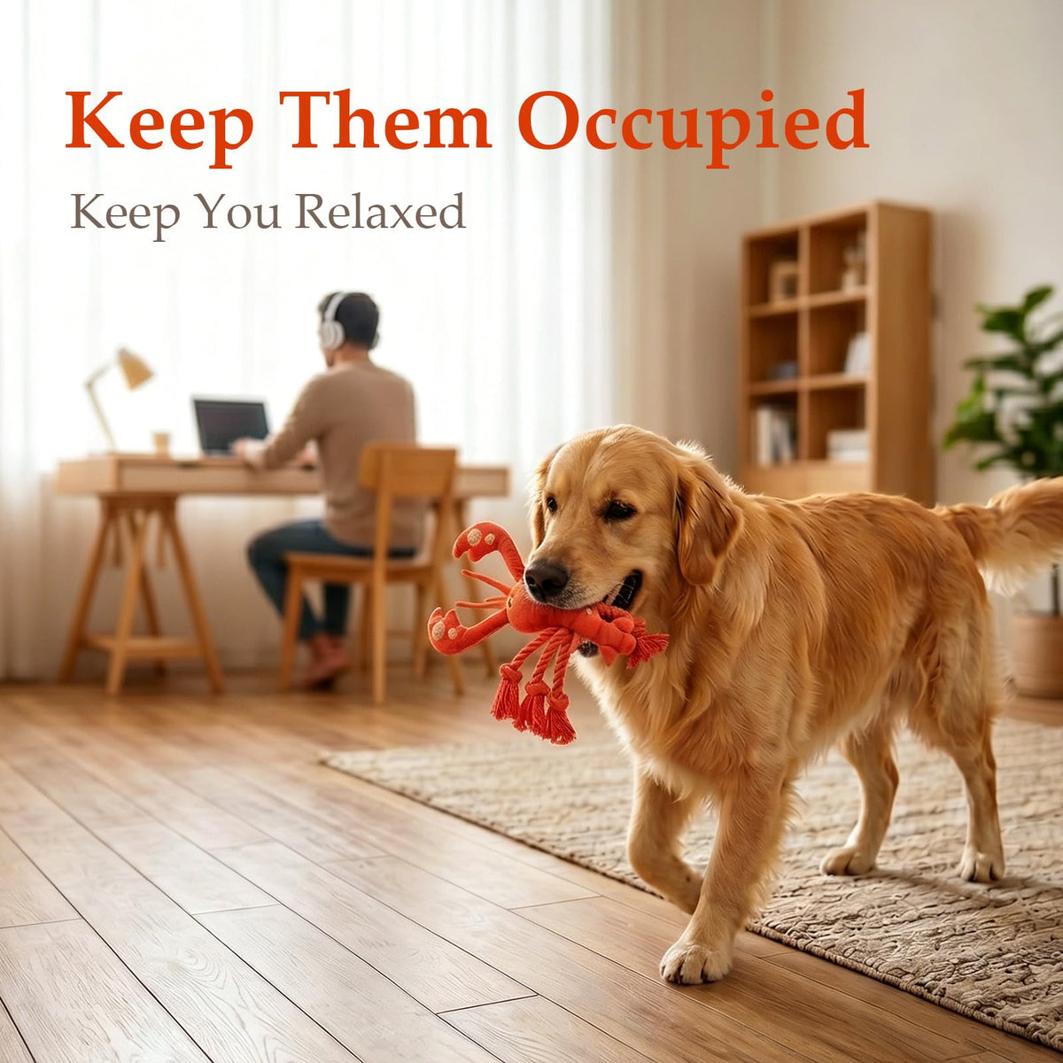Dog Squeak Toys, Plush Lobster Dog Toy with 6 Rope Legs for Tug of War