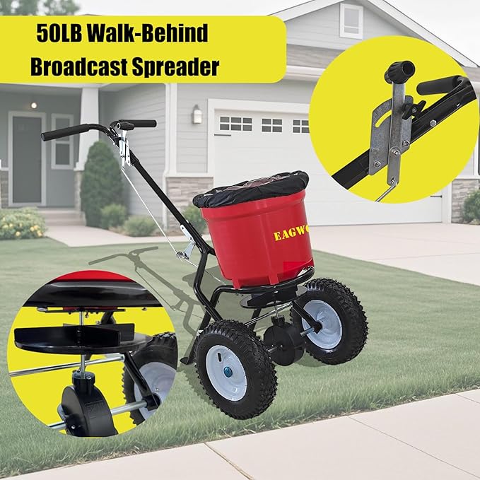 50lb Broadcast Spreader, Capacity Lawn Spreader & Fertilizer Spreader, Rustproof Poly Hopper, Adjustable Drop Rate, All-Terrain Pneumatic Tires, Epoxy-Coated Frame for Lawn Care, Red