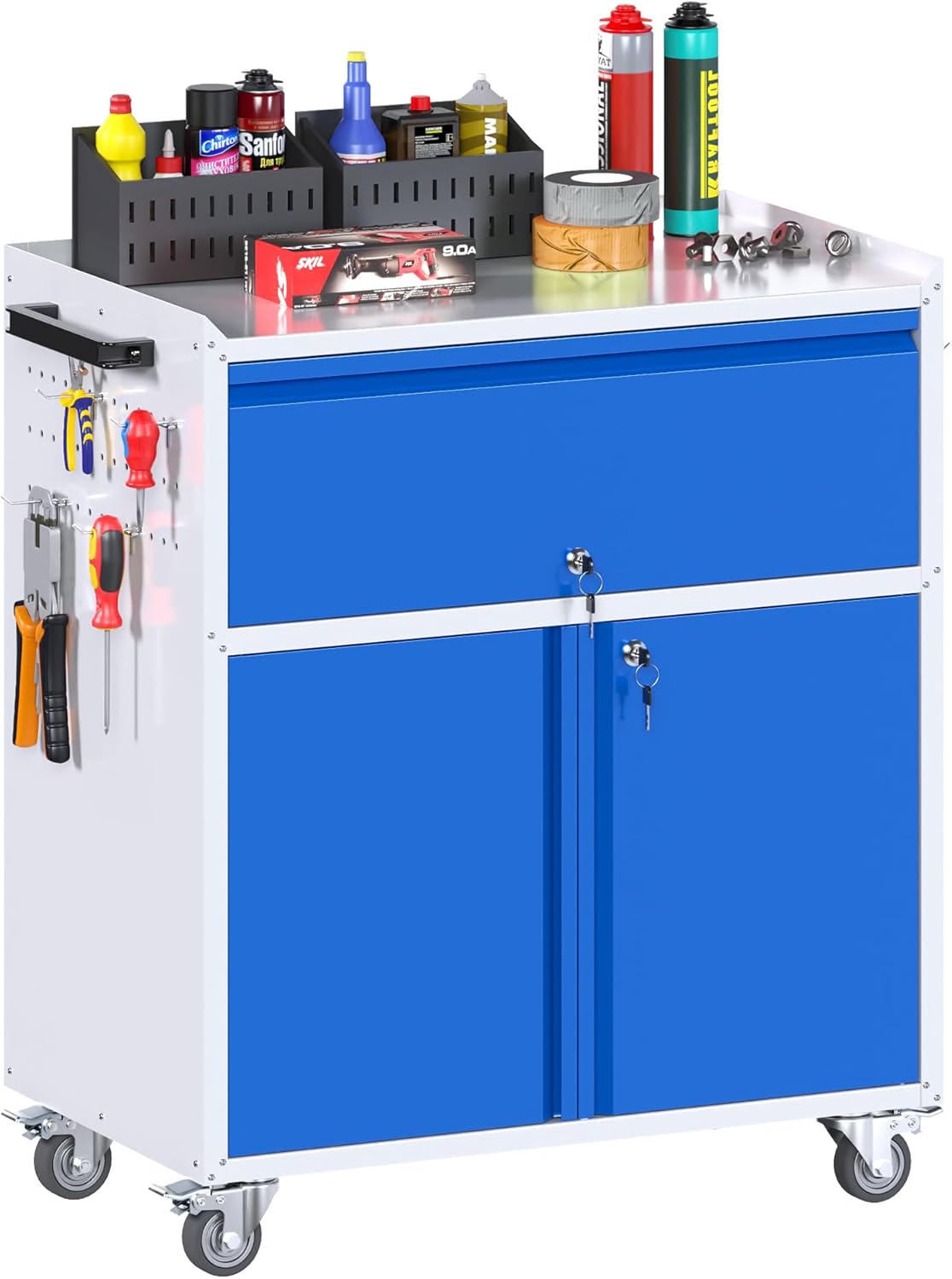 Metal Storage Cabinet on Wheels with 1 Drawer, Rolling Steel Garage Tools Cabinet with Side Pegboard &4 Hooks & 1 Adjustable Shelf for Garage,Shop,Home, Blue/Gray, Assembly Required