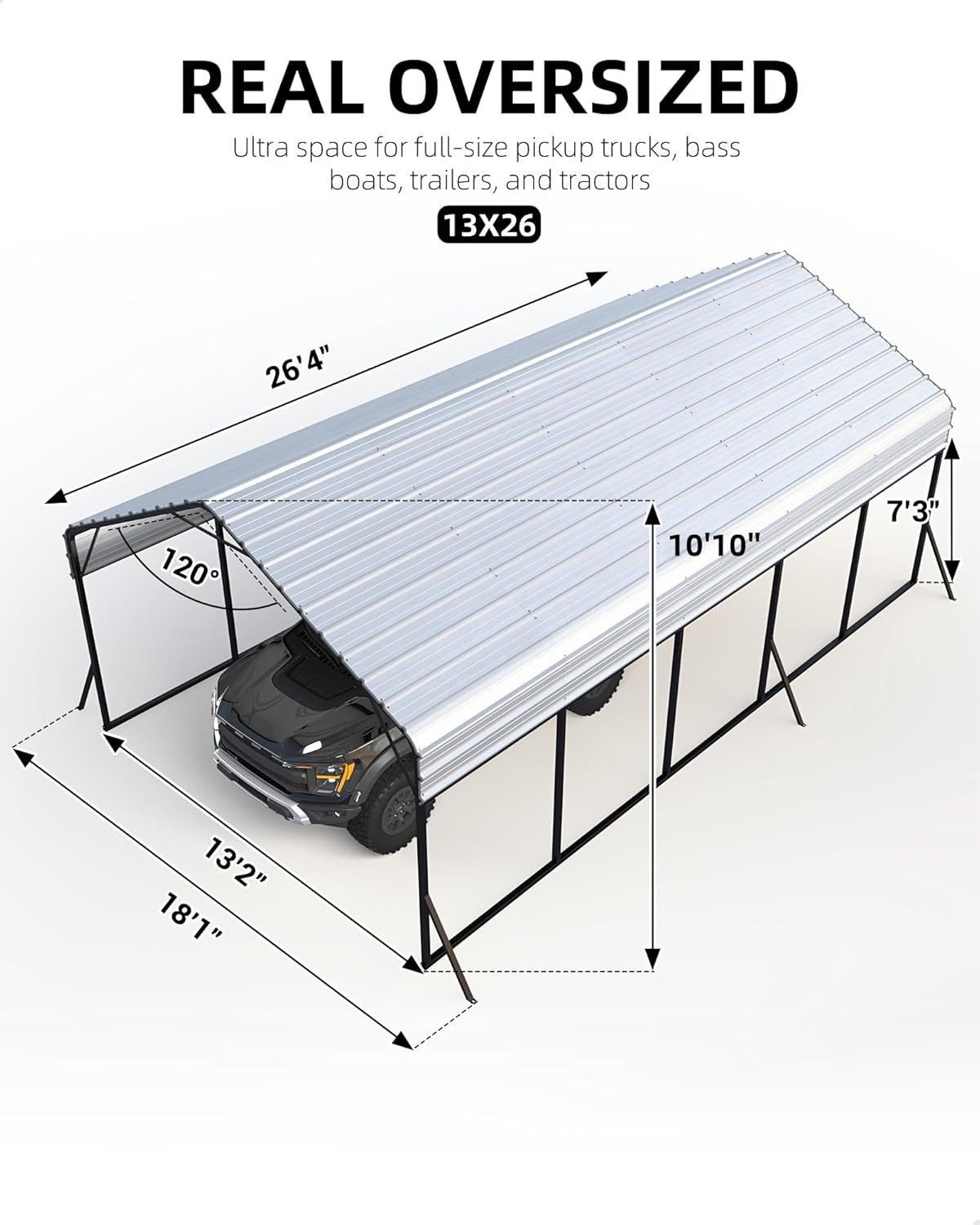 13'x26'x11' Oversized Metal Carport, Steel Heavy Duty Car Ports for All-Weather, Tall Carport for Full-Size Pickup Trucks, Boats, and Tractors, N.W. 780 Lbs