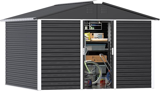 Metal Outdoor Storage Shed 10FT x 10FT, Steel Utility Tool Shed Storage House with Sliding Door, Metal Sheds Outdoor Storage for Backyard Garden Patio Lawn, Black