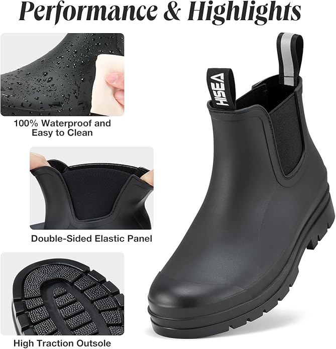 HISEA Women's Short Rain Boots Waterproof Garden Shoes Rubber Chelsea Boots Anti-Slipping Rainboots for Ladies with Comfort Insole Lightweight Stylish Ankle Rain Shoes Outdoor Work Booties