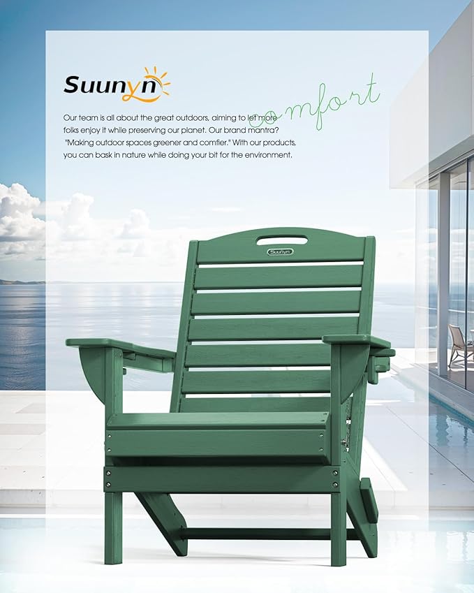 Folding Adirondack Chair HDPE All-Weather Adirondack Chairs with Cup Holder, Outdoor Fire Pit Chairs Lawn Chair for Deck Patio Garden (Green)