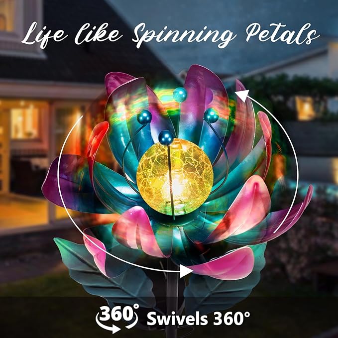 Solar Purple Metal Flower Wind Spinners, Colorful Spinning Windmill Lotus Yard Art Lights Wind Pinwheels with LED Crystal Ball Decorative Stake Lighting Flower Sculpture