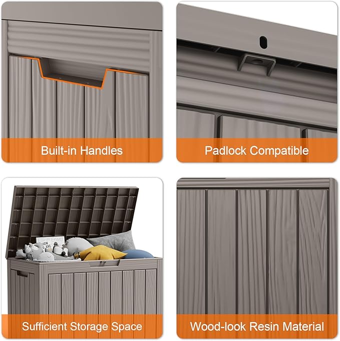 45 Gallon Resin Deck Box, Lockable Patio Outdoor Storage Box for Furniture, Garden Tools and Tools Storage, Waterproof Outside Storage Boxes - Grey