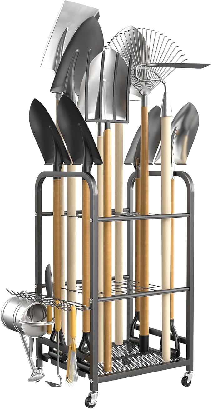 TORACK Garden Tool Organizer Stand with Wheels, Rakes Shovels Yard Tools Stand for Garage, Shed, Garden, Indoor/Outdoor Long-Handled Tools Cart