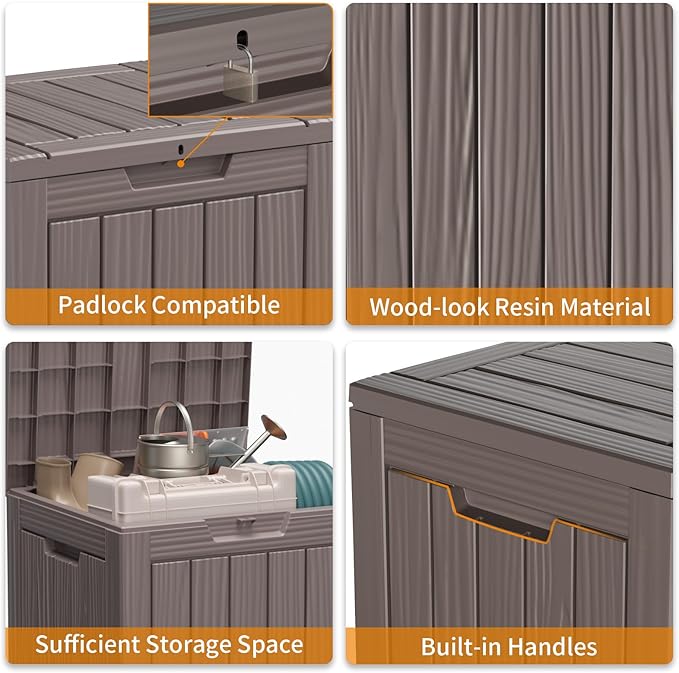 28 Gallon Resin Deck Box, Lockable Patio Outdoor Storage Box for Furniture, Garden Tools and Tools Storage, Waterproof Outside Storage Boxes - Grey