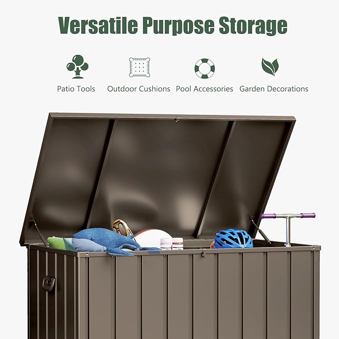 Domi Deck Box 150 Gallon, Waterproof Lockable Steel Outdoor Storage Container for Outside Cushions, Garden Tools and Pools Equipment, Brown