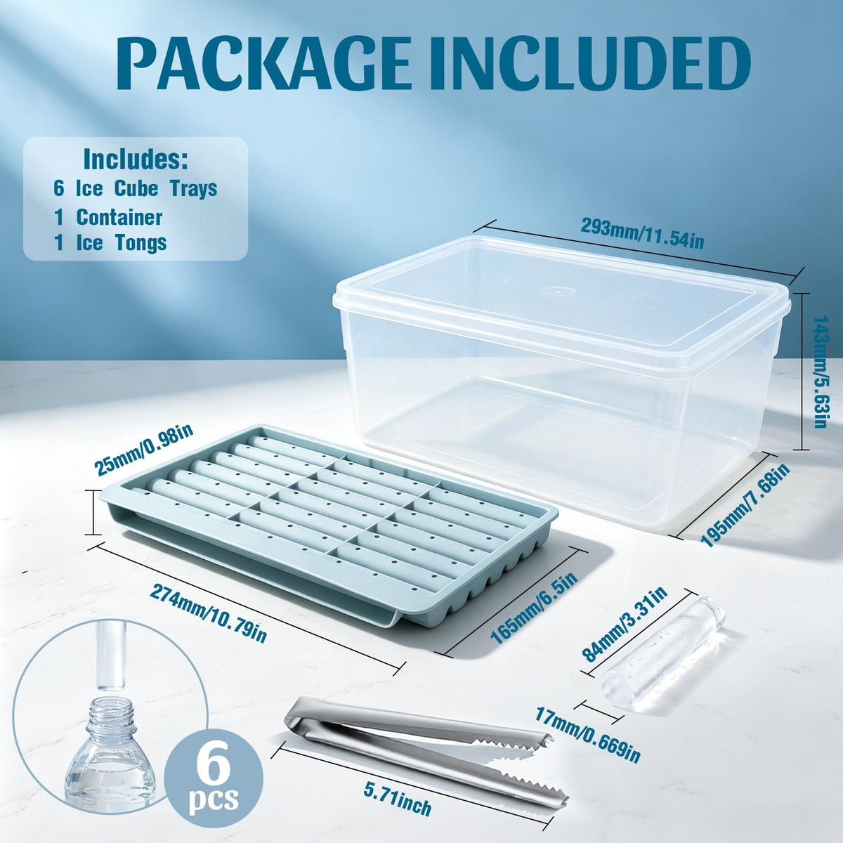 KIBTOPS 6 Pack Ice Cube Trays with Lid & Bin, 3.3-Inch Long Water Bottle Ice Stick Tray, Easy Release, Reusable, BPA Free Ice Cube Mold for Whiskey, Wine, Coffee, DIY Fun (126 sticks)