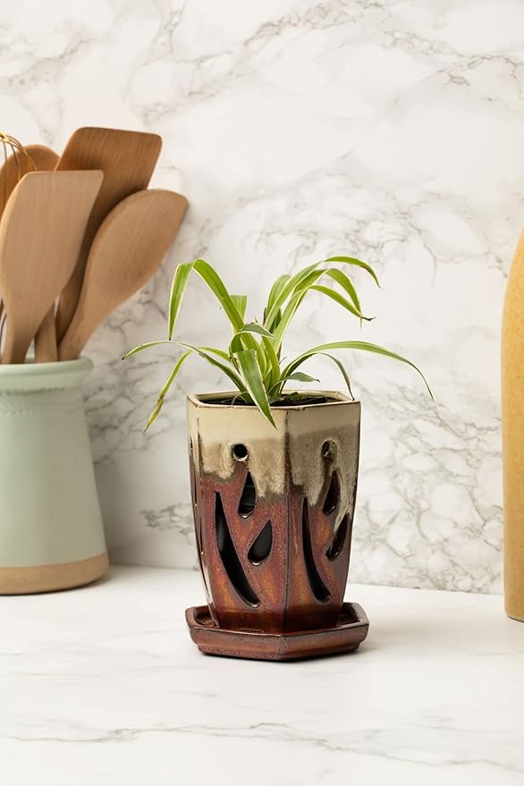 rePotme 4 x 6 inch Ceramic Orchid Pot (Honey Cream Over Copper) - Hexagon Orchid Pot with Holes