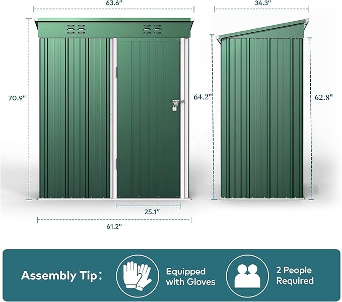Gizoon 5' x 3'Outdoor Storage Shed with Singe Lockable Door,Galvanized Metal Shed with Air Vent Suitable for The Garden,Tiny House Storage Sheds Outdoor for Backyard Patio Lawn-Green