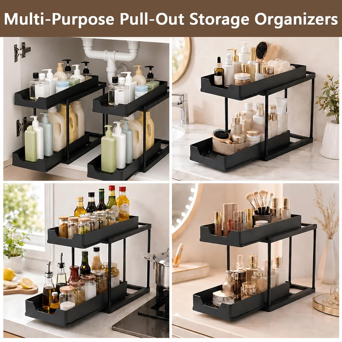 Under Sink Organizer for Bathroom & Kitchen, Large Capacity 2-Layer Sliding