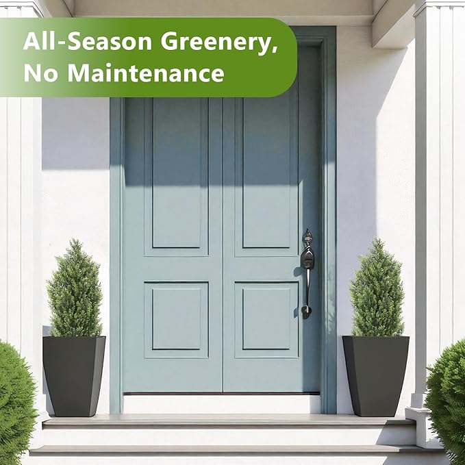 THE BLOOM TIMES 3ft Topiary Trees Artificial Outdoor 2 Pack – UV Resistant Faux Cedar Pine Cypress Bushes and Shrubs, Fake Potted Plants for Front Porch Outside Planter Patio Decor, Set of 2 (3 Foot)