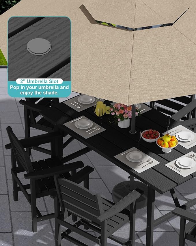 Patio Dining Set for 6 with Umbrella Hole - 66" Outdoor Table & 6 Chairs, All-Weather HDPE Outdoor Furniture for Lawn, Garden, Backyard, Poolside, Black