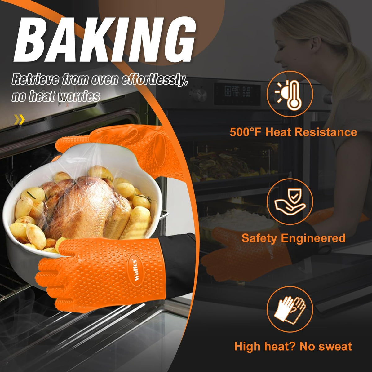 Walfos Silicone BBQ Gloves - Heat Resistant Grilling Gloves, Premium Non-Slip Kitchen Oven Mitt with Protective Cotton Layer Inside, Waterproof, Great for Grilling, Kitchen and Cooking, Orange