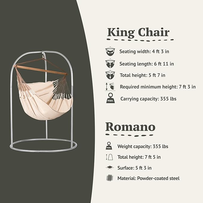 LA SIESTA - XL King Habana Cotton Hammock & Romano Steel Stand - Indoor Outdoor Hanging Hammock Swing for Bedroom Porch Balcony - Boho Hanging Chair - Nougat
