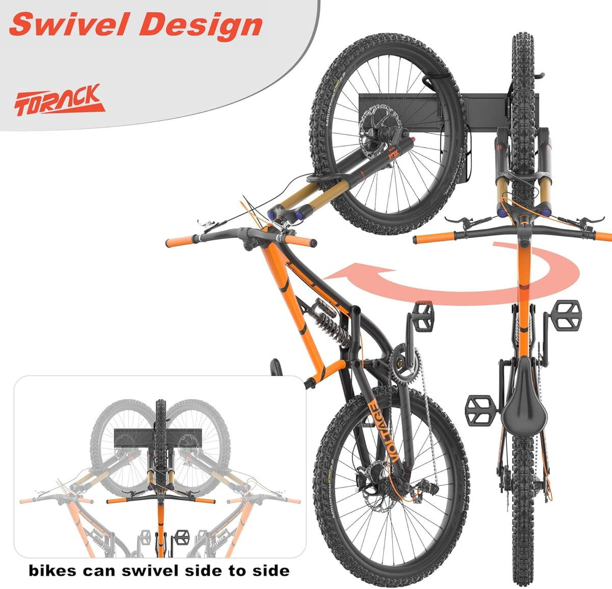 TORACK Wall-mounted Swivel Bike Rack, Garage Vertical Bike Storage Hangers for 5 Bikes Rotating Bike Storage Hooks
