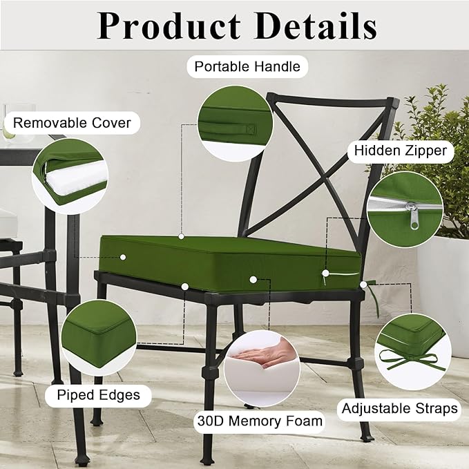 Outdoor Chair Cushions Set of 2 for Patio Furniture 22x22x4 Inch Waterproof Patio Chair Cushion 3 Year Color Fastness Square Elastic Foam Garden Couch Pads with Ties and Handle,Green