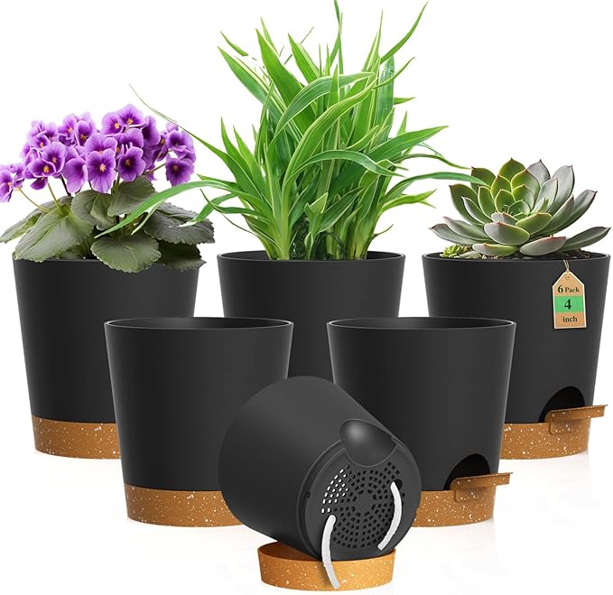4 inch Self Watering Pots for Indoor Outdoor Plants, 6 Pack Plastic Flower Planters with Drainage Holes and Removable Saucers, Plant Pots with Wicking Rope, Modern Decor, Black Brown