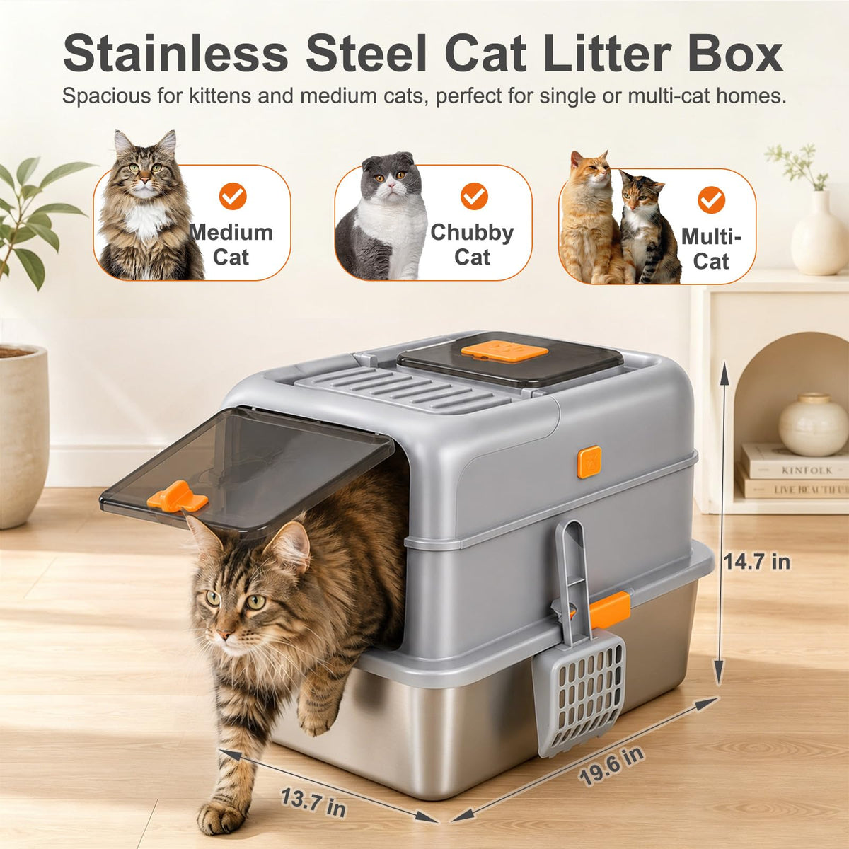 Stainless Steel Cat Litter Box with Lid, High Sided Enclosed Litter Box