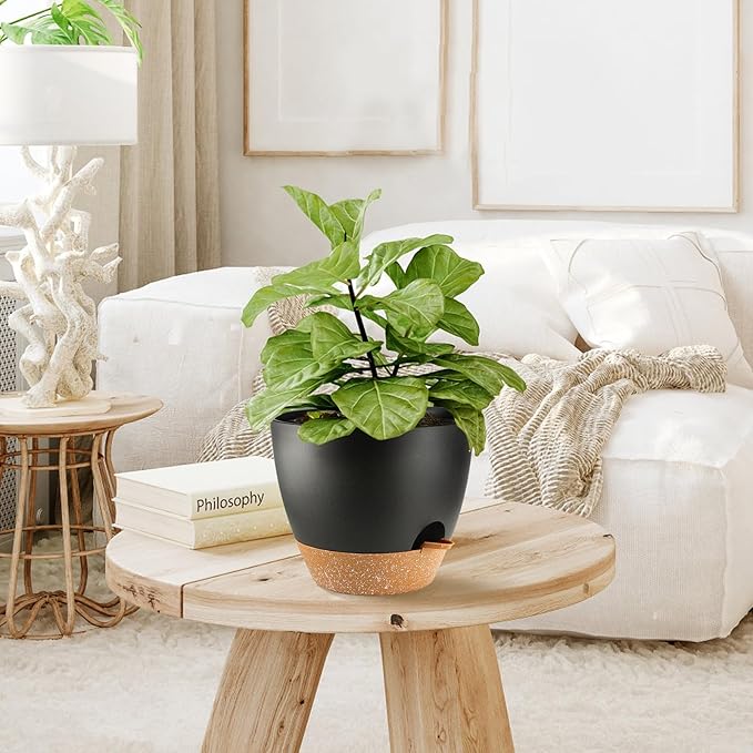 Self Watering Plants Pot with Drainage Hole, Flower Plants Pots for Indoor & Outdoor, Black Plastic Self Watering Planters Succulent Pot 5pcs/Set