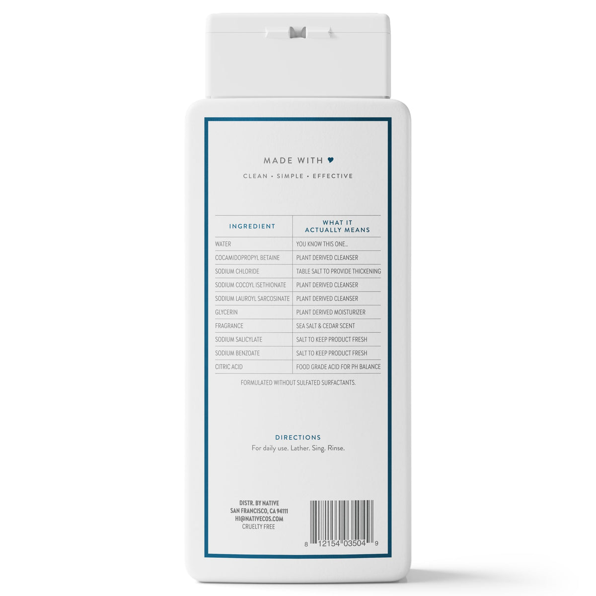 Native Clean Body Wash, Gentle & pH-balanced for Sensitive Skin, 24-Hr Freshness for Men & Women, Vegan & Cruelty-Free, Free of Sulfates, Parabens & Phthalates, Sea Salt & Cedar, 18 fl oz