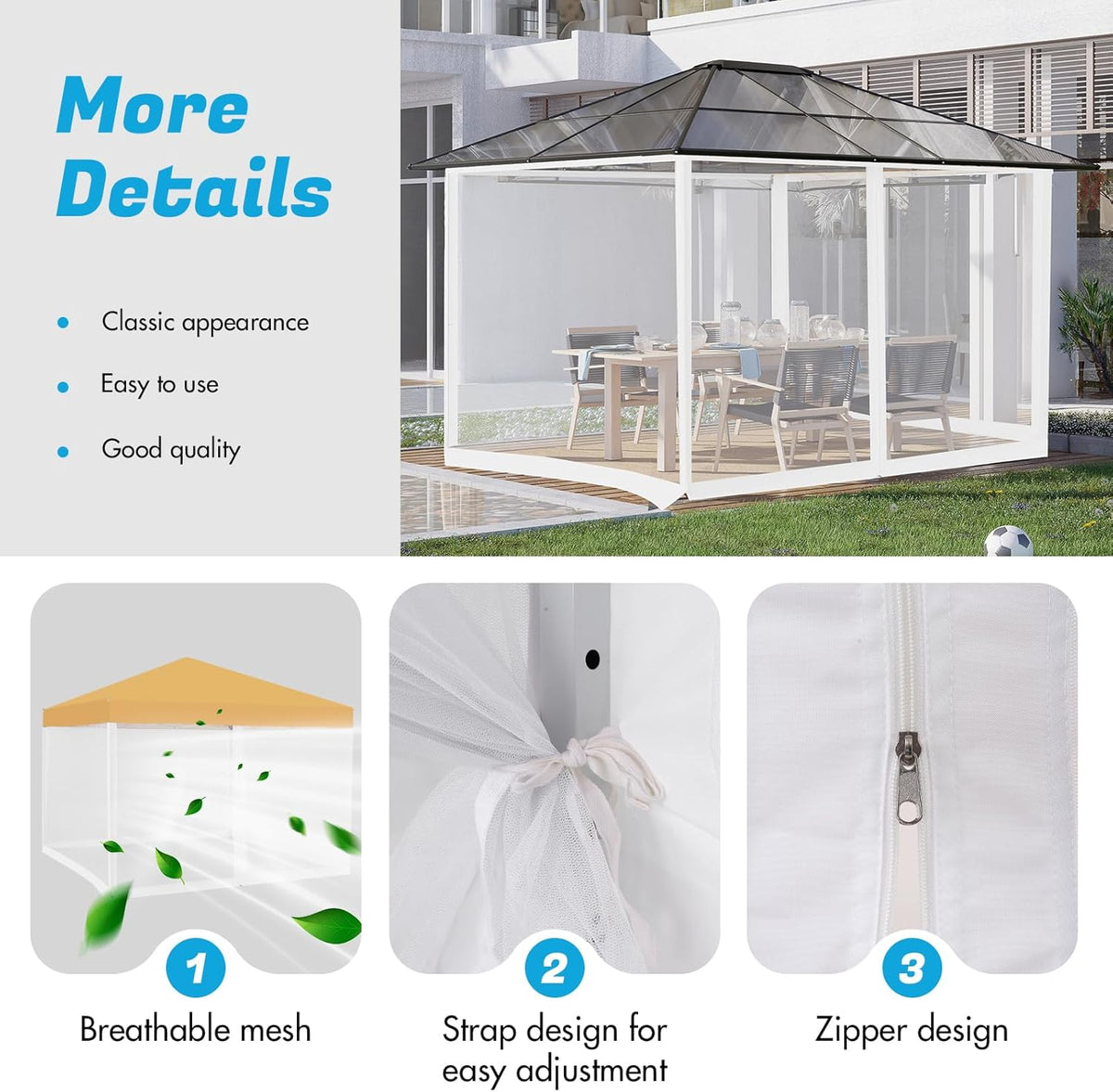 10'x10' Mosquito Netting for Patio with Zipper, Outdoor Replacement Mesh Sidewall Netting for Porch/Patio/Canopy/Gazebo (Mosquito Netting Only, White)