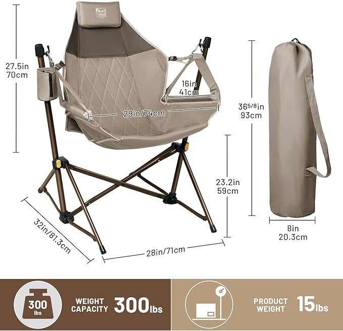 TIMBER RIDGE Hammock Camping Chair with Adjustable Backrest, Heavy Duty Folding Hammock Chair Supports 300lbs, Portable Hammock Chair for Camping, Travelling and Patio, Tan 2 Pack