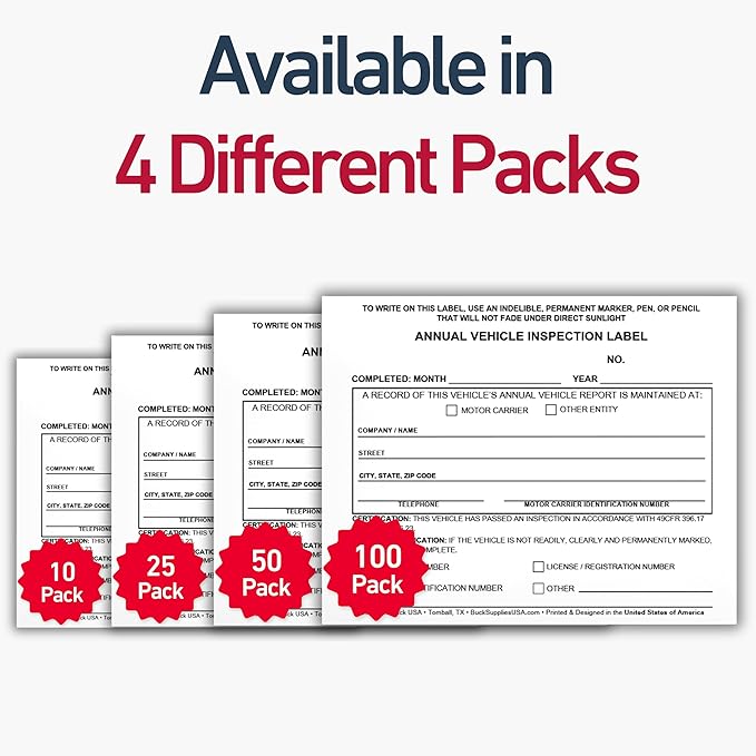 10 Pack Buck Annual Vehicle Inspection Label, 2-Ply Adhesive Vinyl with Mylar Laminate, FMCSA & DOT Compliant, Weatherproof, Tear Resistant, Easy to Write On, 5" x 4" - Made in USA
