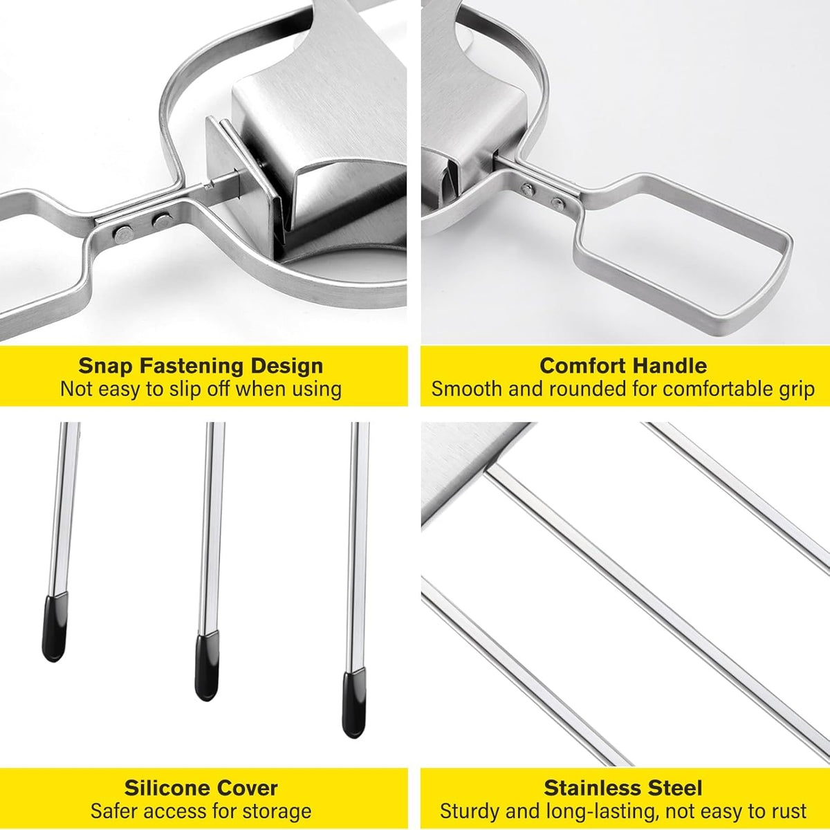 6PCS Kabob Skewers for Grilling, 14'' Stainless Steel 3-prong Metal Kebab Grill Skewers with Push Bar Slider, Skewer Sticks for Meat Veggies Shrimp Marshmallows Fruits, BBQ Barbecue Accessories
