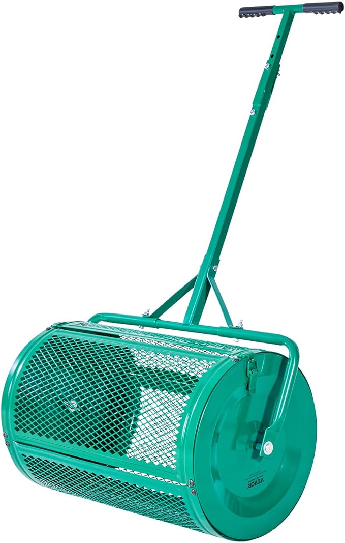 VEVOR Compost Spreader, 24 in Wide Peat Moss Spreader with Push/Tow Handle, 4 Heights Adjustable, Powder-Coated Steel Garden Peat Moss Roller, Heavy Duty Grass Seed Spreaders for Planting Seeding