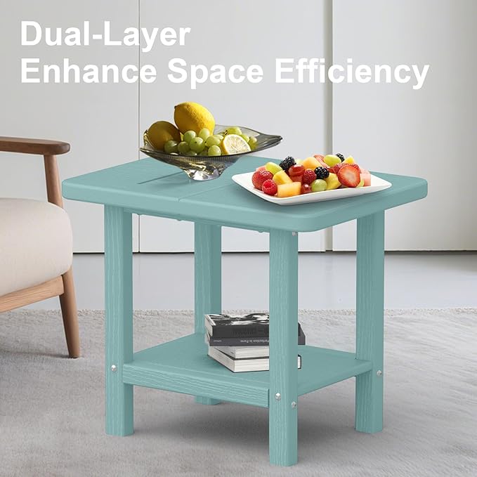 Outdoor Side Table - 2-Tier Storage All Weather Outdoor End Table for Patio - HDPE Morden Easy Maintenance Adirondack Side Table for Pool Porch Balcony Garden Lawn Backyard Outside Indoor