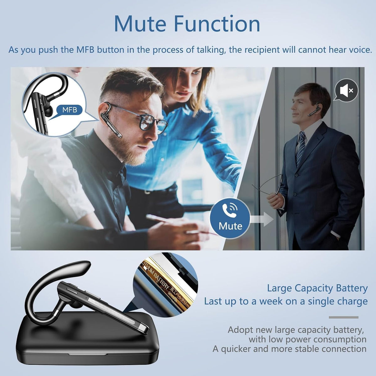 Bluetooth Headset, Wireless Bluetooth Earpiece with mic Trucker Headset for Phone Case Office Phones Built-in Microphone Headphones Manos Libres Noise Cancelling(Black+Silver)