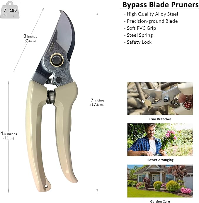 BUGUI Pruning Shears Garden Shears - Premium Alloy Steel Bypass Pruner, Precision-ground Blades, Heavy Duty Gardening Tools, 7" (H101)