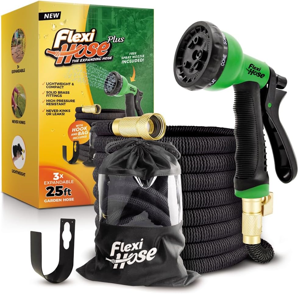 Flexi Hose PLUS with 8 Function Nozzle Expandable Garden Hose, Lightweight & No-Kink Flexible Garden Hose, 3/4 inch Solid Brass Fittings and Double Latex Core, 25 ft Black