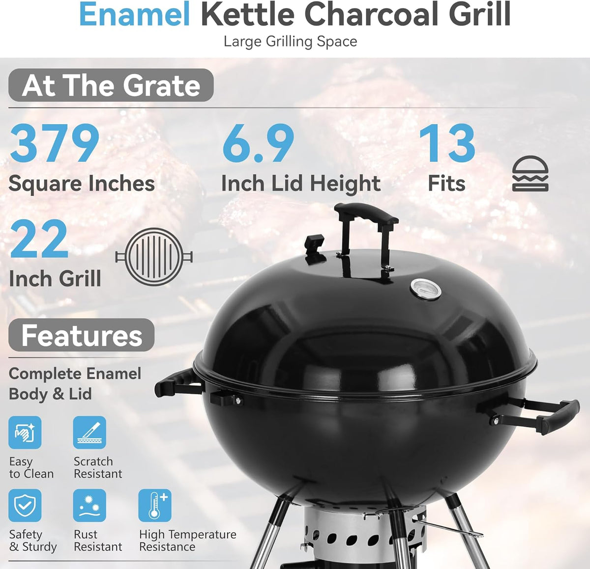 GREEN PARTY 22 inch Kettle Charcoal BBQ Grill with Wheels, Portable Charcoal Grill with Porcelain-Enameled Lid & Ash Catcher for Outdoor Cooking Barbecue Camping Picnics Tailgating