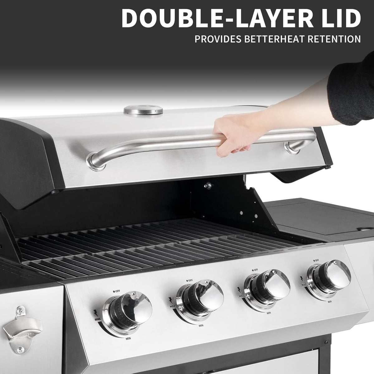 4-Burner Propane Gas BBQ Grill with Side Burner, Barbecue Gas Grill with Enameled Cast Iron Grates for Outdoor Patio Garden Barbecue, 53,000 BTU, with Stainless Steel Grill Cover