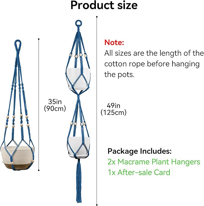 USLAI Macrame Plant Hanger Indoor Outdoor, Up to 4-15 inch Pot, Heavy 20lb Planters, Extra Long Strong Hanging Planter Basket Holder, Boho Home Decor, 35+49 Inch, Blue (POTS NOT Included)