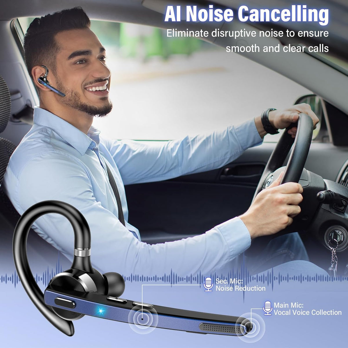 Bluetooth Headset, Wireless Bluetooth 5.3 Earpiece, 90Hrs Hands Free Headset with APTX HD Audio & Mute Button, Dual Noise Cancelling Mics, Single-Ear Headphone for Trucker/Business/Gym/Blue