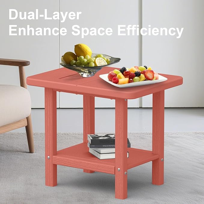 Outdoor Side Table - 2-Tier Storage All Weather Outdoor End Table for Patio - HDPE Morden Easy Maintenance Adirondack Side Table for Pool Porch Balcony Garden Lawn Backyard Outside Indoor