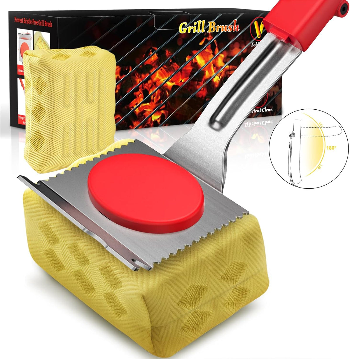 Grill Brush Bristle Free, BBQ Grill Brush for Outdoor Grill, Safe Steam Grill Cleaning Brush with Scraper, Replacement Sponge Heads, Non Metal Bristles for Cast Iron, Stainless-Steel Grates
