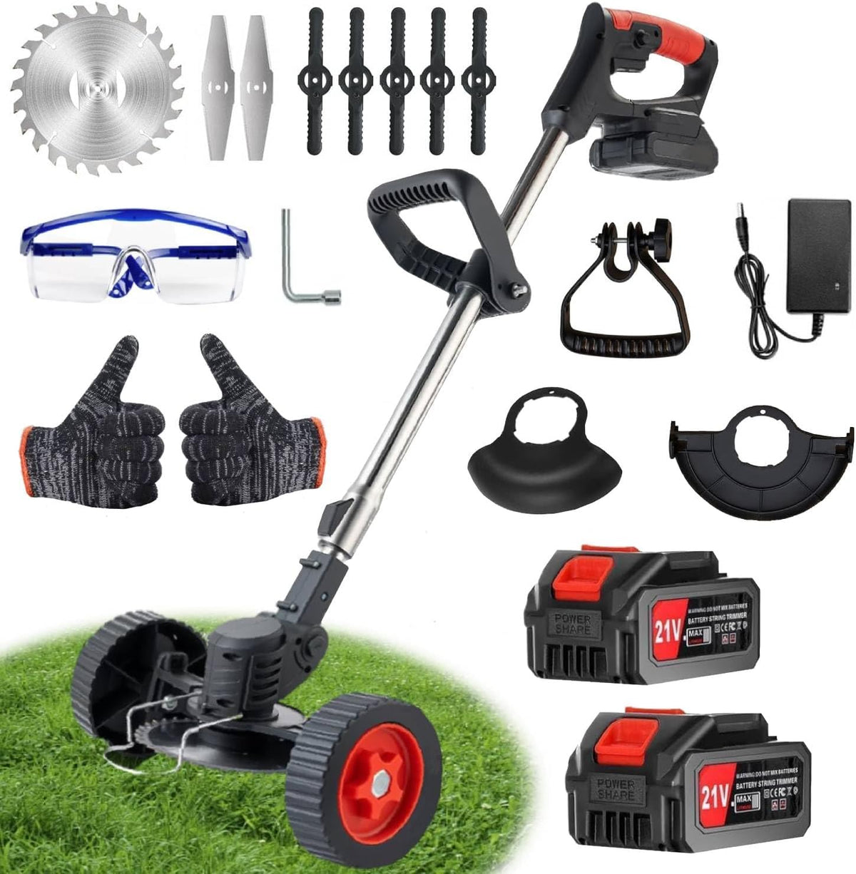 Electric Weed Wacker with Wheel, 21V Cordless Weed Eater with 2 x Batteries & 1 Charger, 3 in 1 Grass String Trimmer/Brush Cutter/Edger, Stringless Lightweight Weed Trimmer for Garden, Yard and Lawn