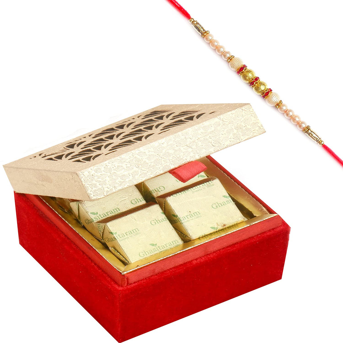 Ghasitaram Gifts Rakhi Gifts for Brothers Rakhi Chocolate Golden Lazer Chocolates Box with Pearl Rakhi