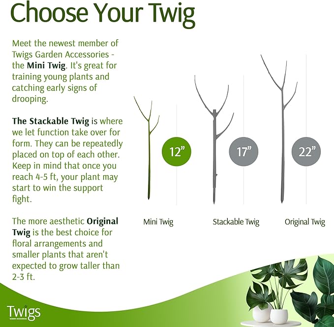 Twigs - Plant Support Stakes for Indoor, Outdoor & Climbing Plants, Gardening Supplies, Garden Accessories, Trellis & Ring Alternative, Made in USA - Peony (Light Green), 10 Pack, 12" L, Mini Twigs