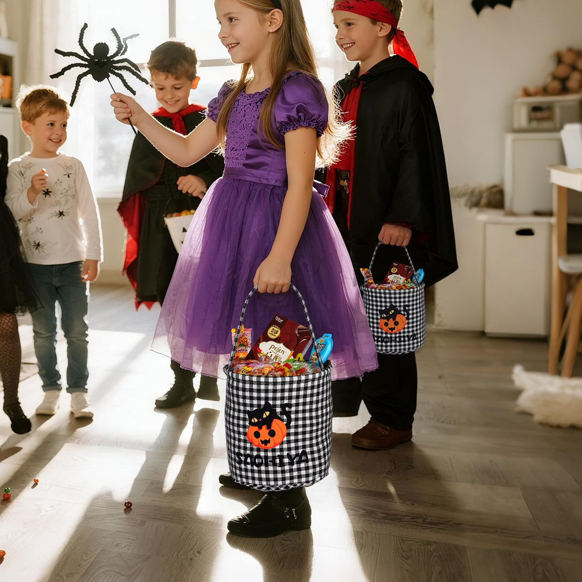 Personalized Halloween Basket, Halloween Candy Bucket with Name Large Capacity Trick or Treat Bags in 5 Colors (Purple)