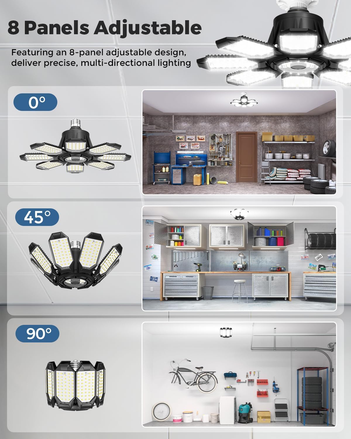 Adiding LED Garage Ceiling Lights 56000Lm 4 Pack w/ 8 Adjustable Panels, Super Bright Deformable Basement Lighting Fixture Screw in E26 Bulb Socket for Indoor Workshop, Attic, Storage, Bay, Home Gym