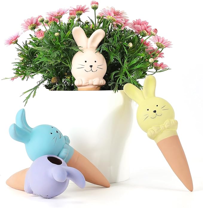 WILDKEN Terracotta Watering Globes, 4 Pack Rabbit Shaped Plant Watering Spikes Vacation Self-Watering Planters Devices for Indoor and Outdoor Plants