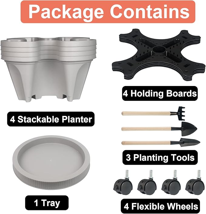 Vertical Planter 4 Tier Stackable Planters Garden Planters Strawberry Herb Flower and Vegetable Planter Indoor Outdoor Gardening Pots with Removable Wheels and Tools 2-Pack
