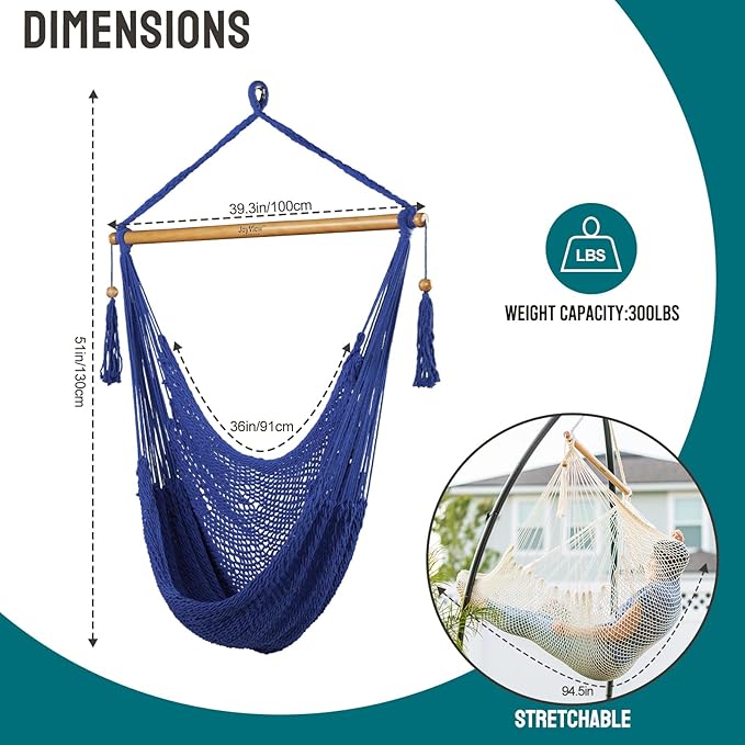 JoyView Hammock Chair with Spreader Bar Caribbean Hammock Swing Chair 300 LBS Weight Capacity XL Rope Hanging Chair for Outdoor Indoor Garden Yard - Blue